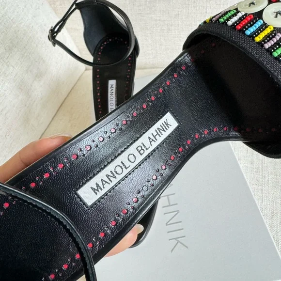 Manolo Blahnik Black Leather Beaded Sandals W Buttons |Size 37‎ 1/2 - Picture 7 of 12
